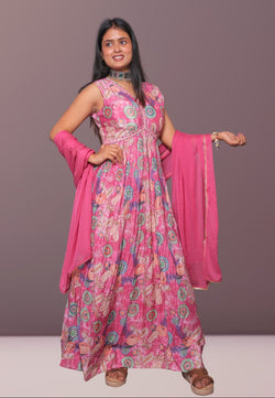 Pink Floral Anarkali Maxi Dress with Dupatta