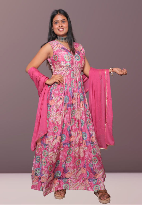 Pink Floral Anarkali Maxi Dress with Dupatta